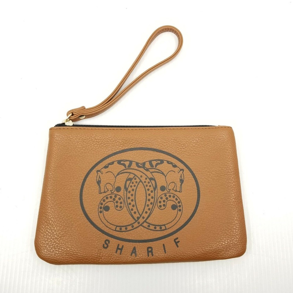 Sharif Double Jaguar Logo Brown Faux‎ Leather Wristlet Cosmetic Pouch